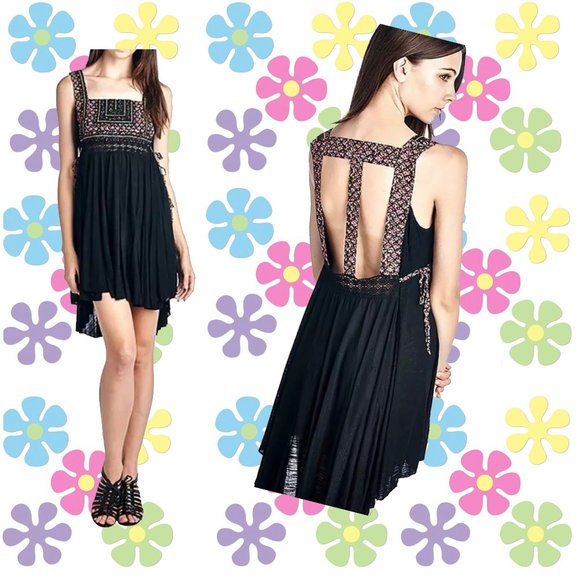 Black Abstract Crochet Embroidery Jersey Dress - Picture 1 of 7